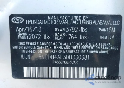 2013 Hyundai Elantra Gls z USA, uszkodzony, nr VIN 5NPDH4AE3DH330381